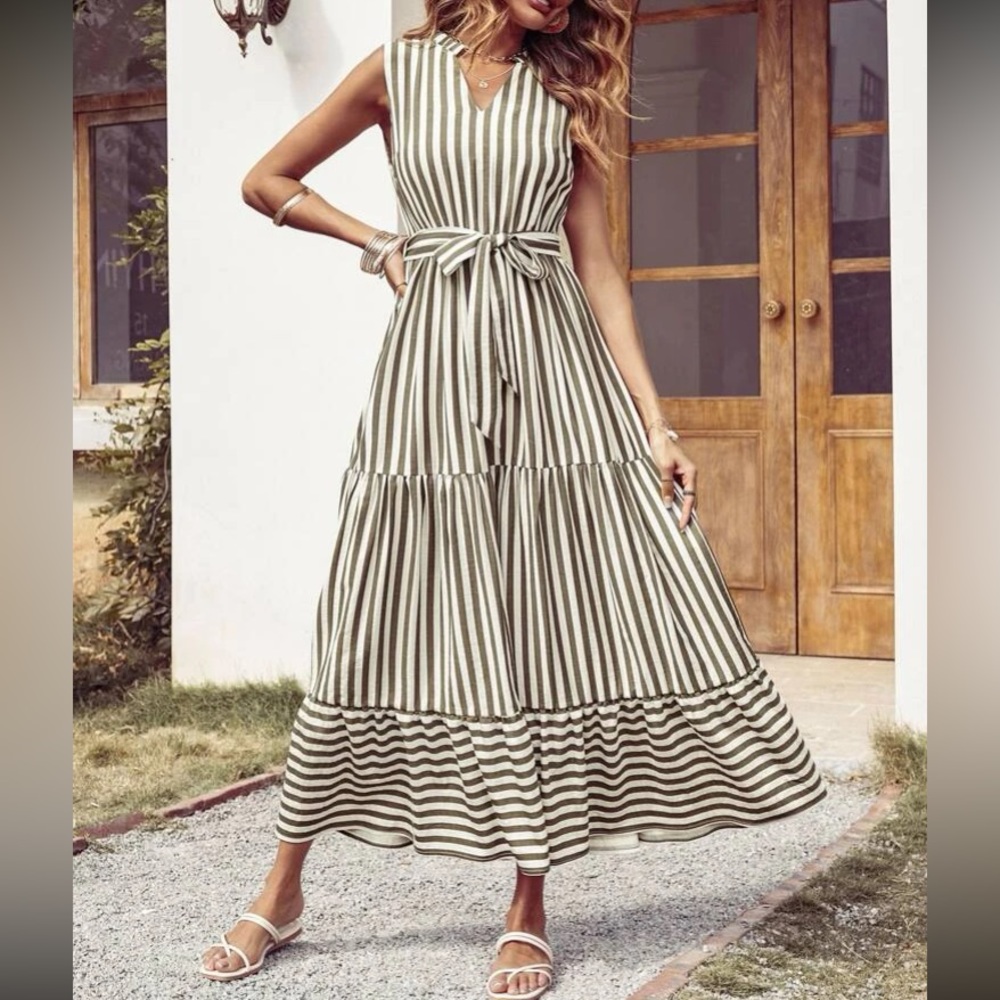 Boho Green White Striped Sleeveless Belted Maxi Dress - Picture 5 of 11